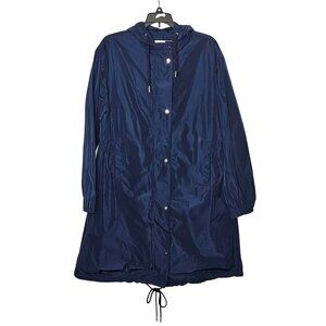 Carolina Belle Montreal Navy Blue Hooded‎ Raincoat Womens M Drawstring Hem Long